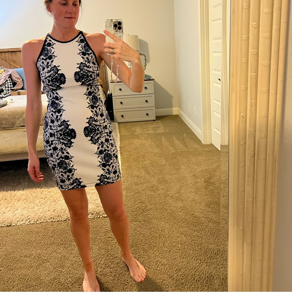 Navy blue and white floral scuba dress